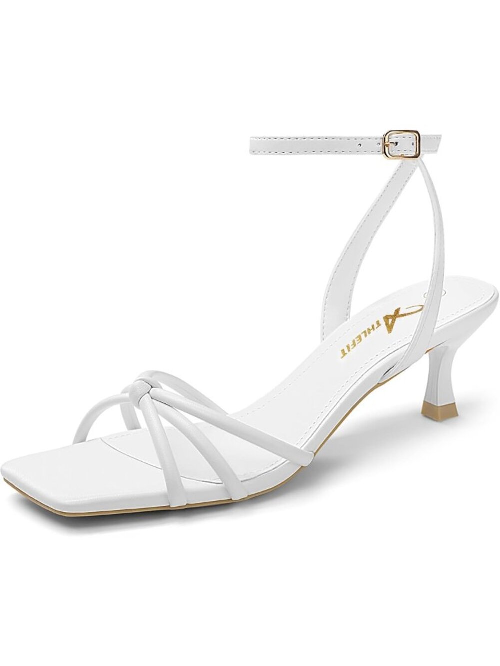 Women's White Kitten Low Heels Square Toe Strappy Heeled Sandals PU Leather Heel